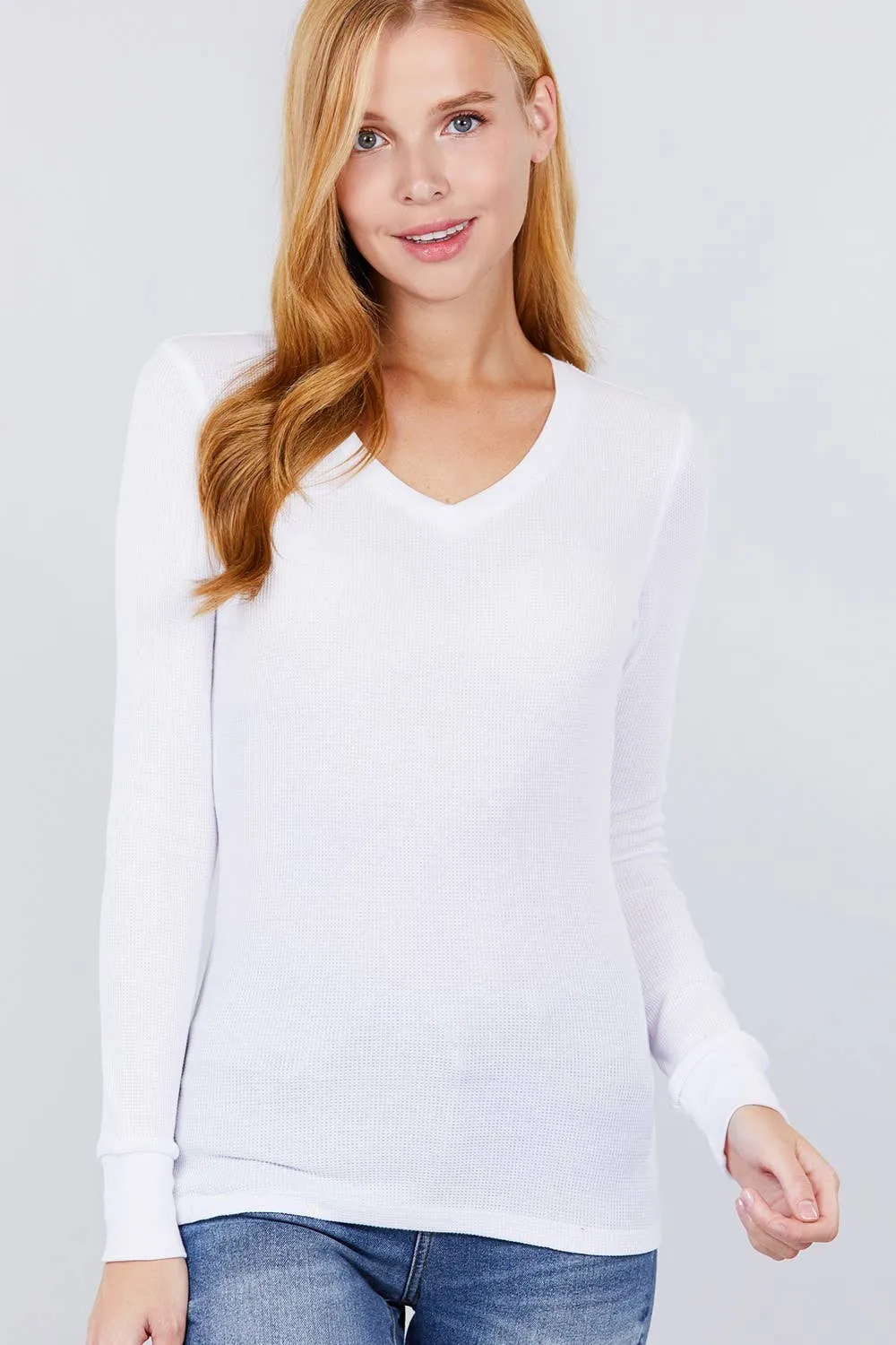 .._ SI-16975 LONG SLEEVE V-NECK THERMAL KNIT TOP: H grey-97282 / L