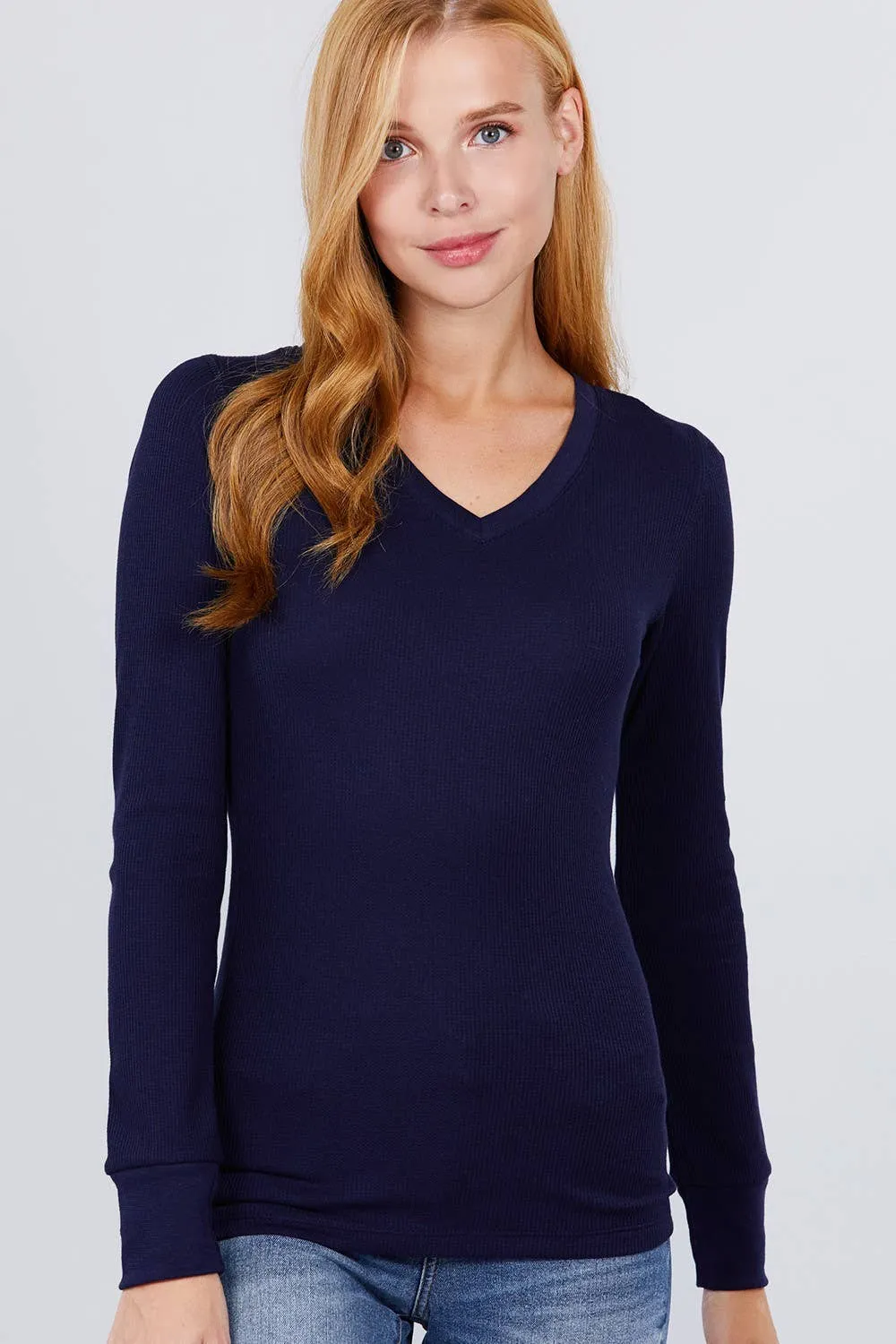 .._ SI-16975 LONG SLEEVE V-NECK THERMAL KNIT TOP: H grey-97282 / L