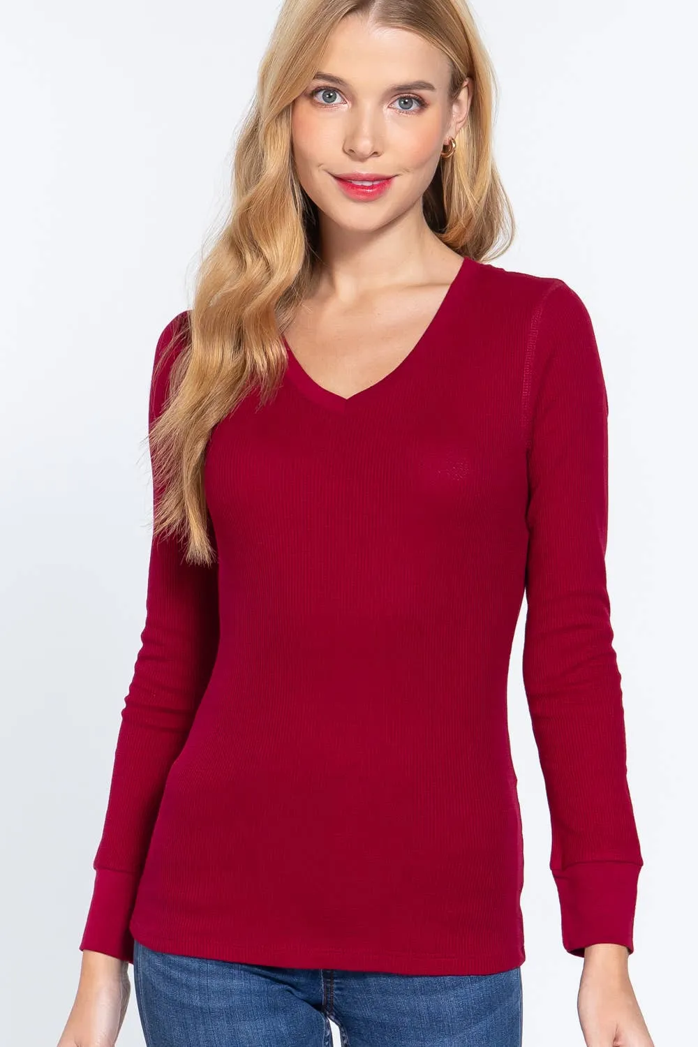 .._ SI-16975 LONG SLEEVE V-NECK THERMAL KNIT TOP: H grey-97282 / L