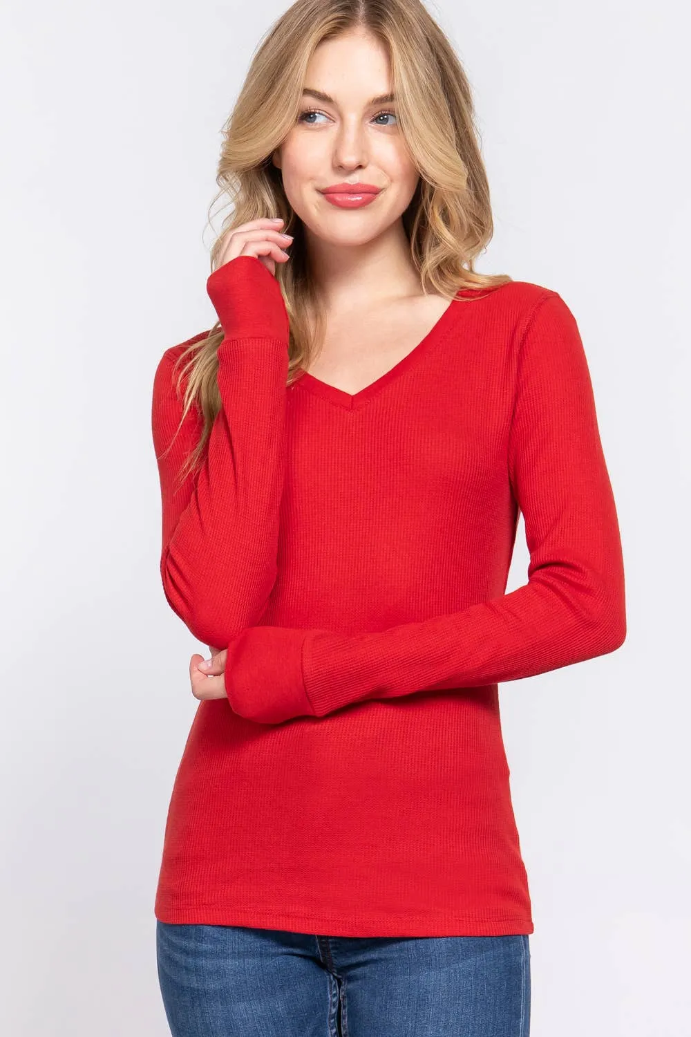 .._ SI-16975 LONG SLEEVE V-NECK THERMAL KNIT TOP: H grey-97282 / L