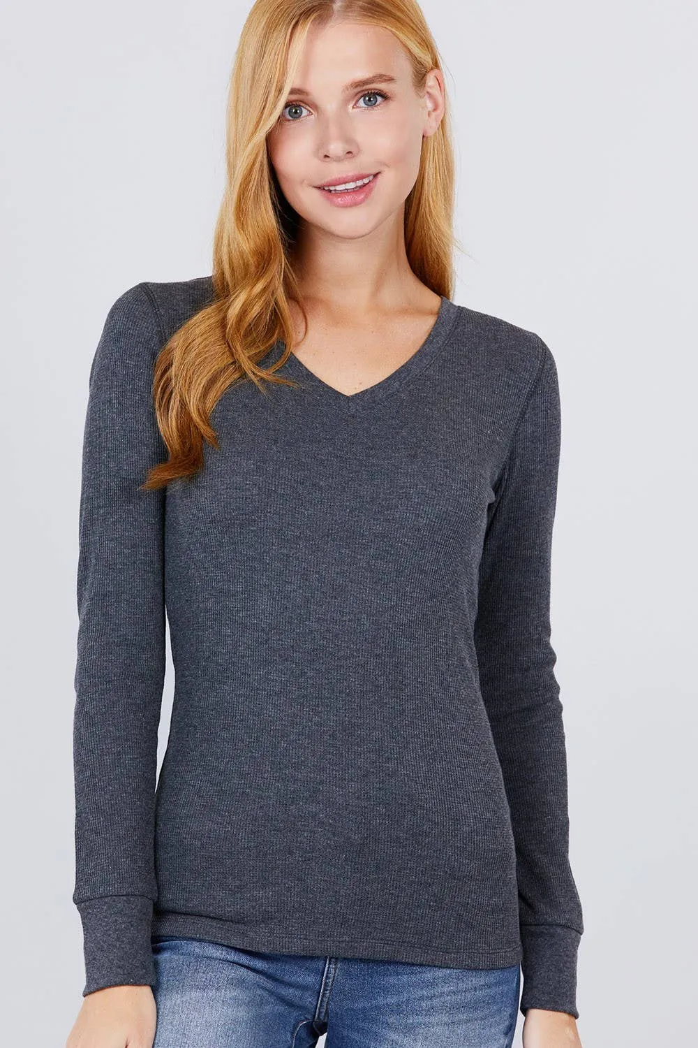 .._ SI-16975 LONG SLEEVE V-NECK THERMAL KNIT TOP: H grey-97282 / M