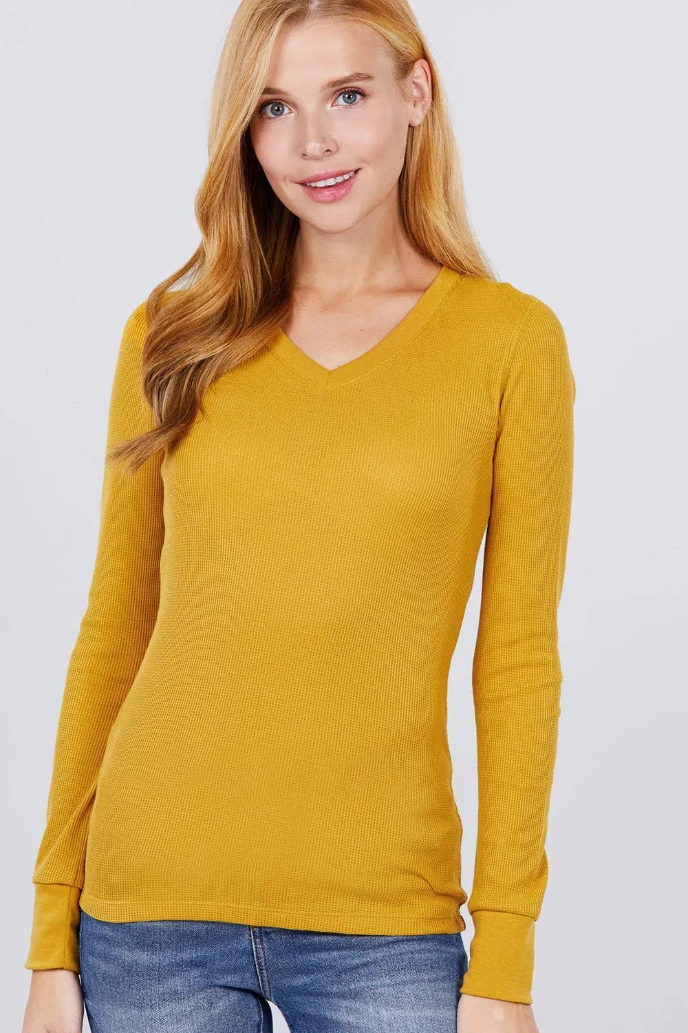 .._ SI-16975 LONG SLEEVE V-NECK THERMAL KNIT TOP: H grey-97282 / M