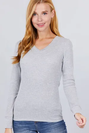 .._ SI-16975 LONG SLEEVE V-NECK THERMAL KNIT TOP: H grey-97282 / S