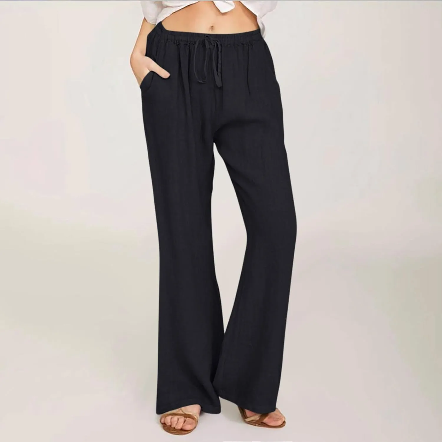2025 Summer Linen Pants for Women Lounge Drawstring High Waist Flowy Trousers Loose Lightweight Beach Wide Leg Bottom