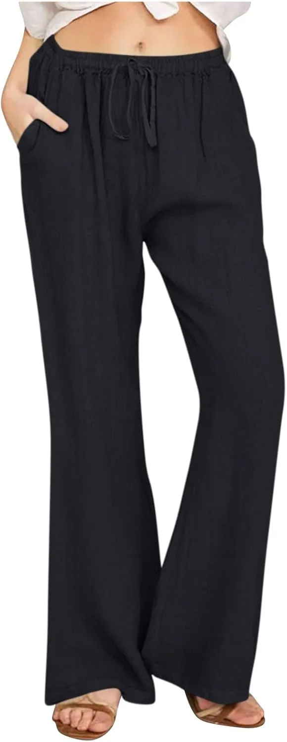 2025 Summer Linen Pants for Women Lounge Drawstring High Waist Flowy Trousers Loose Lightweight Beach Wide Leg Bottom