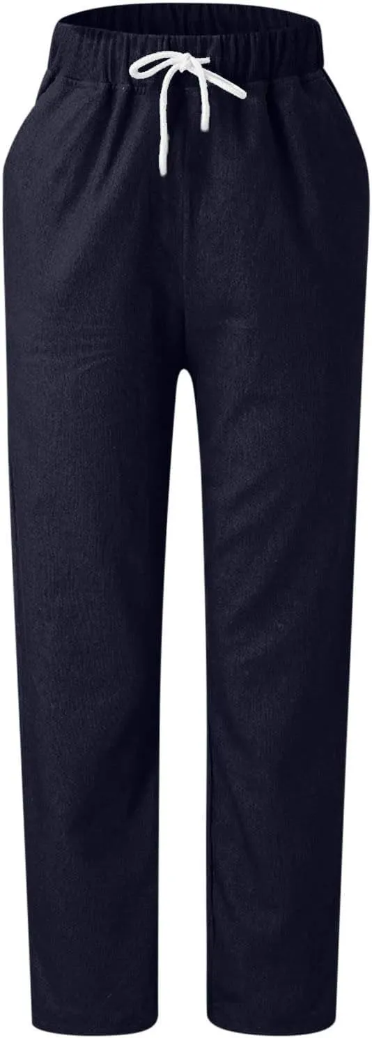 2025 Women's Elastic Waist Linen Trousers Vertisble Straight Trnedy Casual Solid Wide Leg Pants Cropped Long Pants