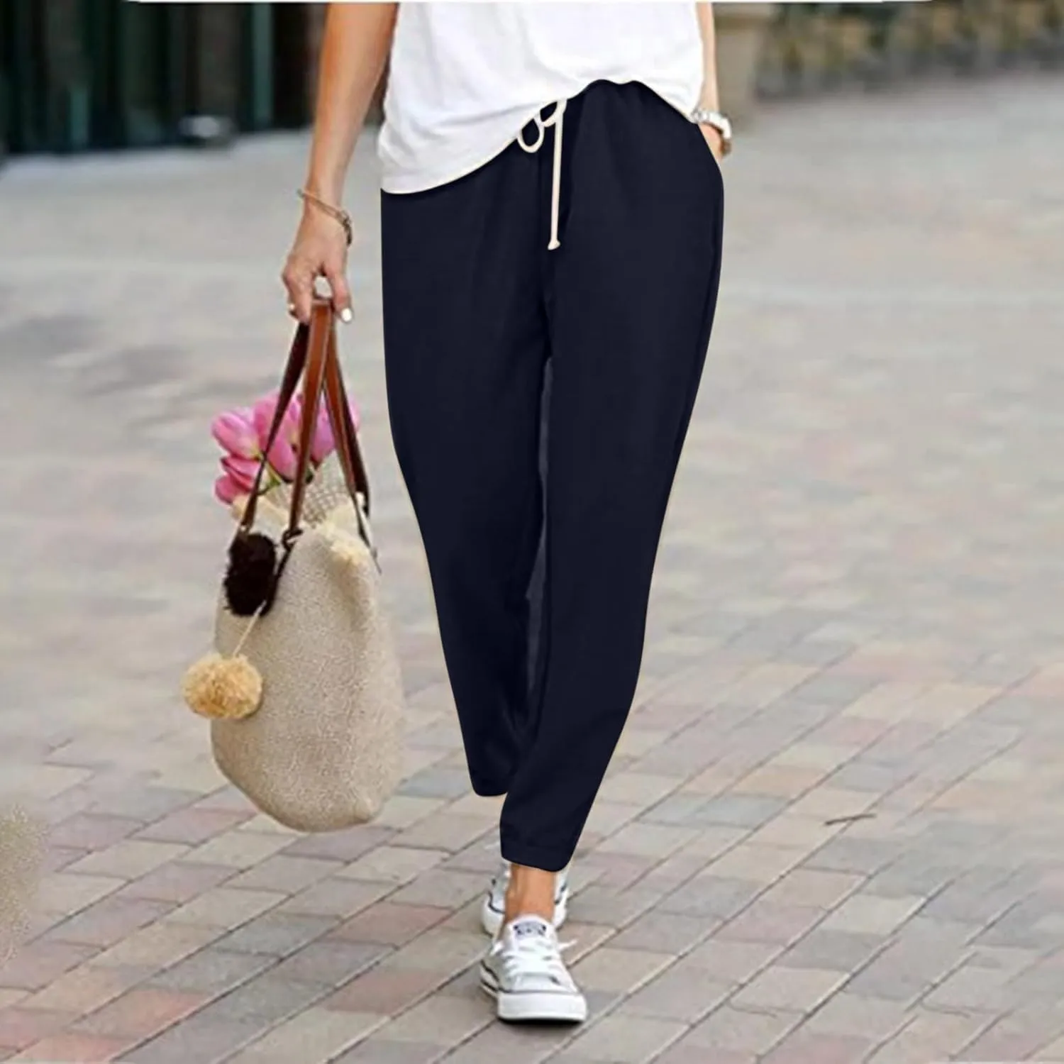 2025 Women's Elastic Waist Linen Trousers Vertisble Straight Trnedy Casual Solid Wide Leg Pants Cropped Long Pants