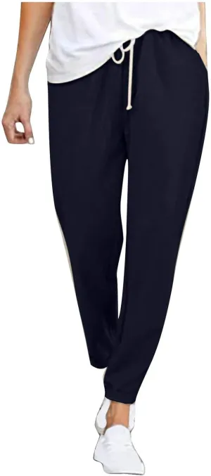 2025 Women's Elastic Waist Linen Trousers Vertisble Straight Trnedy Casual Solid Wide Leg Pants Cropped Long Pants