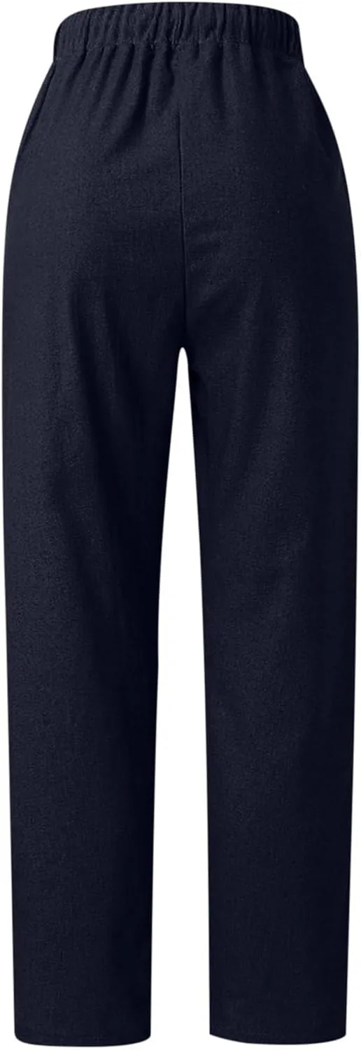2025 Women's Elastic Waist Linen Trousers Vertisble Straight Trnedy Casual Solid Wide Leg Pants Cropped Long Pants