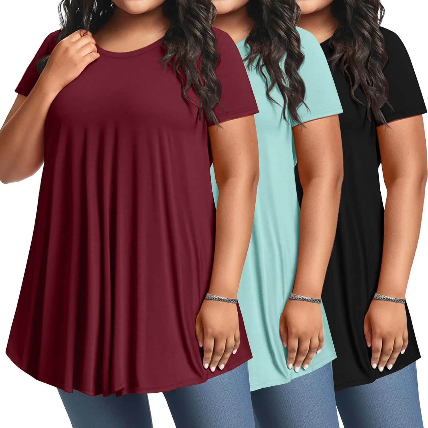 3 Pack Women's Plus Size Tunic Top Short Sleeve Cotton Long Shirts Summer Loose Fit Flowy Blouse Wear with Leggings