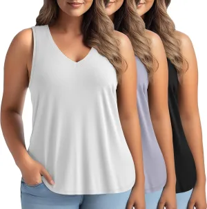 3 Pack Women's Plus Size V Neck Tank Tops Sleeveless Loose Fit Summer Tees Casual Trendy Basic T-Shirts Flat Hem