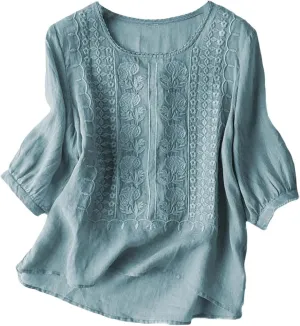 3/4 Sleeve Linen Shirts for Women 2025 Cotton Summer Retro Embroidered Boho Tops Dressy Casual Trendy Vacation Blouse