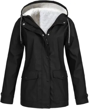 Active Hooded Rain Jackets Women's Fleece Lined Raincoat Waterproof Lightweight Outdoor Windbreaker Trench Rain Coats
