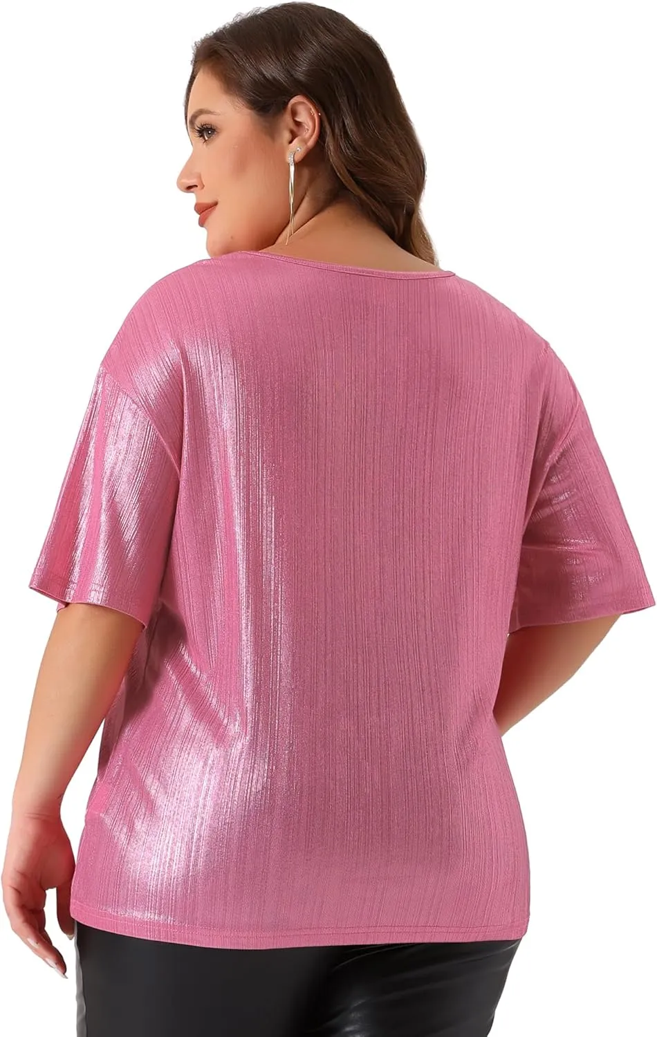 Agnes Orinda Plus Size Top Blouse for Women Metallic Round Neck Short Sleeve T-Shirt Party Blouses Tee Tops