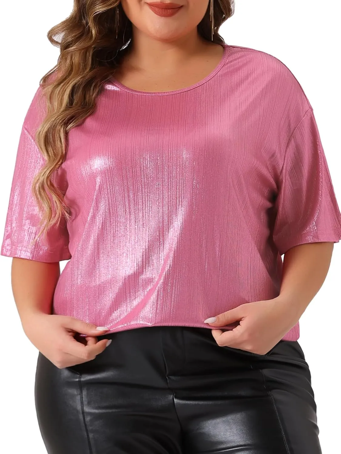 Agnes Orinda Plus Size Top Blouse for Women Metallic Round Neck Short Sleeve T-Shirt Party Blouses Tee Tops