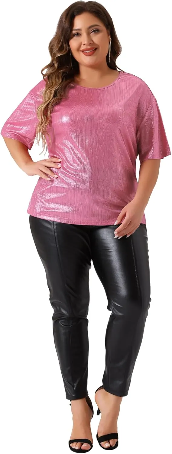 Agnes Orinda Plus Size Top Blouse for Women Metallic Round Neck Short Sleeve T-Shirt Party Blouses Tee Tops