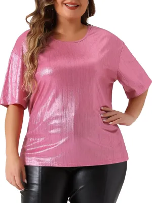 Agnes Orinda Plus Size Top Blouse for Women Metallic Round Neck Short Sleeve T-Shirt Party Blouses Tee Tops
