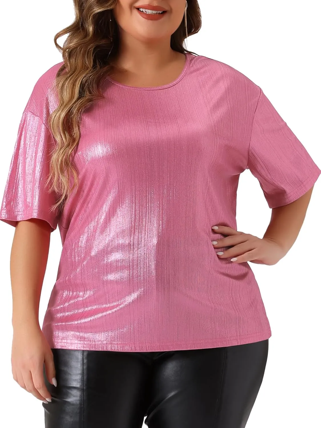 Agnes Orinda Plus Size Top Blouse for Women Metallic Round Neck Short Sleeve T-Shirt Party Blouses Tee Tops
