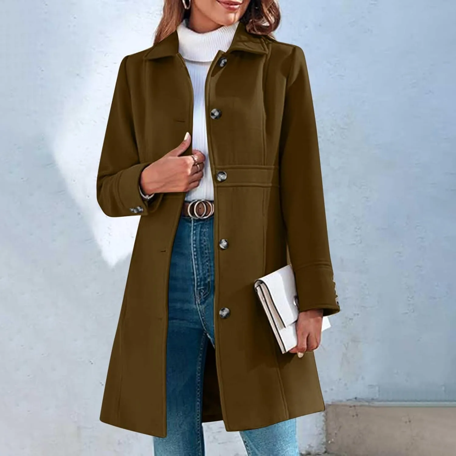 Akklian Womens Winter Woolen Outerwear Overcoat Single Breasted Mid-Thigh A-Line Pea Coat Business Office Elegant Trench Coat