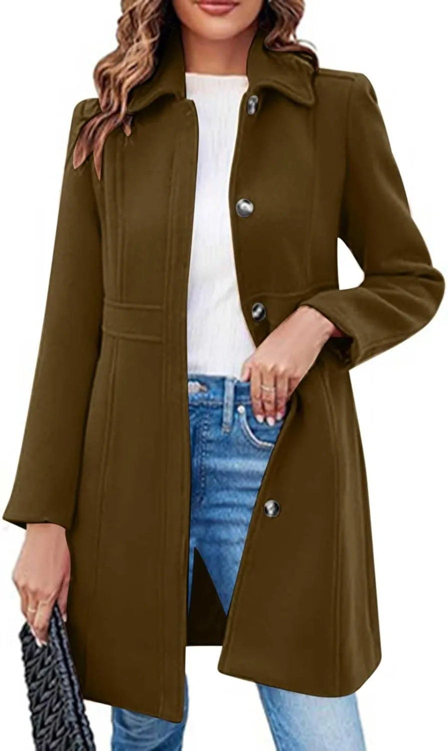 Akklian Womens Winter Woolen Outerwear Overcoat Single Breasted Mid-Thigh A-Line Pea Coat Business Office Elegant Trench Coat