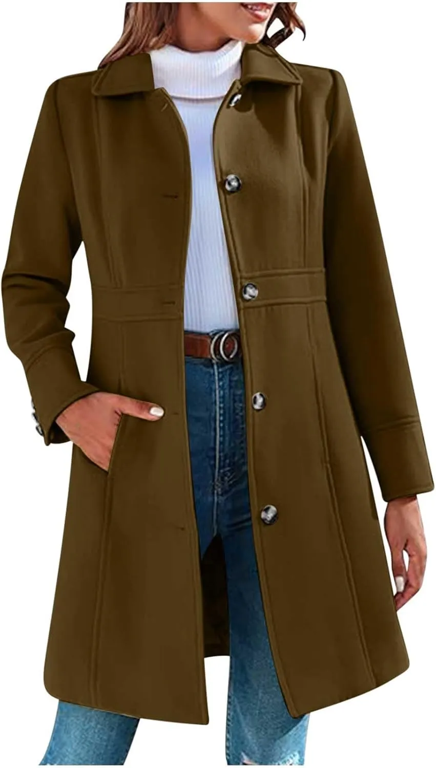 Akklian Womens Winter Woolen Outerwear Overcoat Single Breasted Mid-Thigh A-Line Pea Coat Business Office Elegant Trench Coat