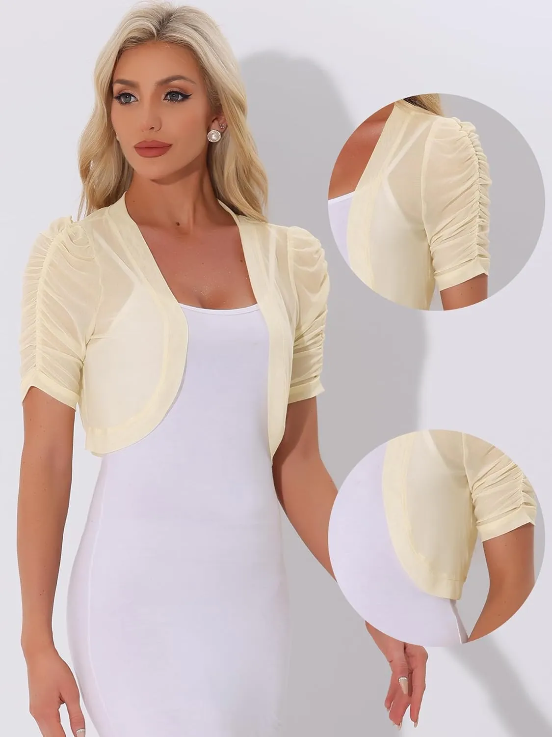 Allegra K Casual Short Sleeve Mesh Sheer Shrug for Women's Open Front Cropped Cardigan Bolero