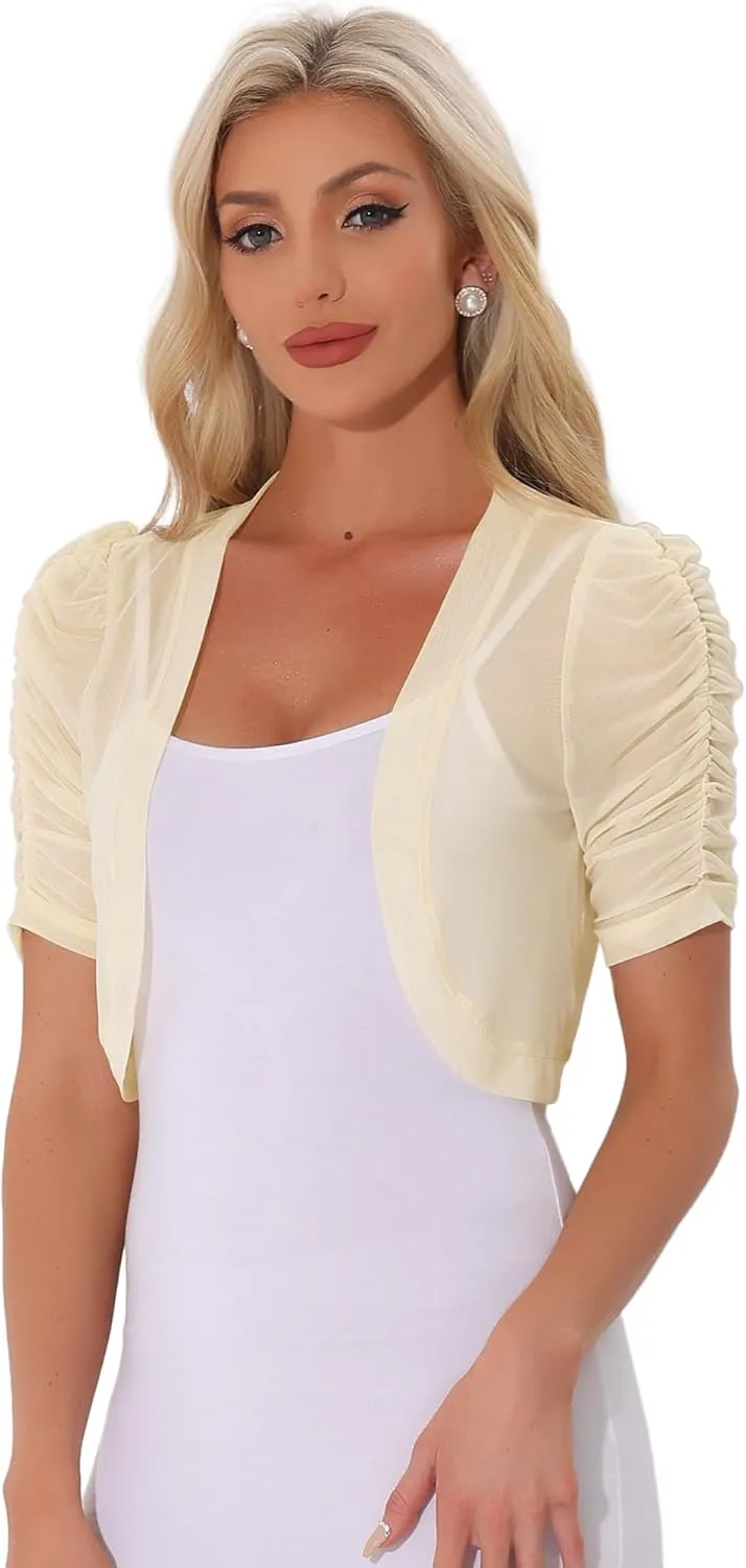 Allegra K Casual Short Sleeve Mesh Sheer Shrug for Women's Open Front Cropped Cardigan Bolero