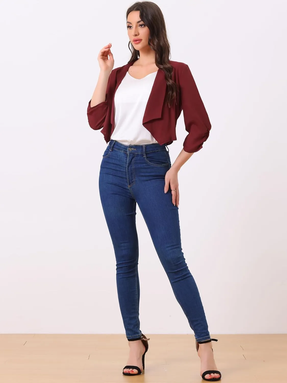Allegra K Summer Chiffon Bolero Shrug Blazer for Women's 3/4 Ruched Sleeve Shawl Lapel Thin Lightweight Open Front Cardigans