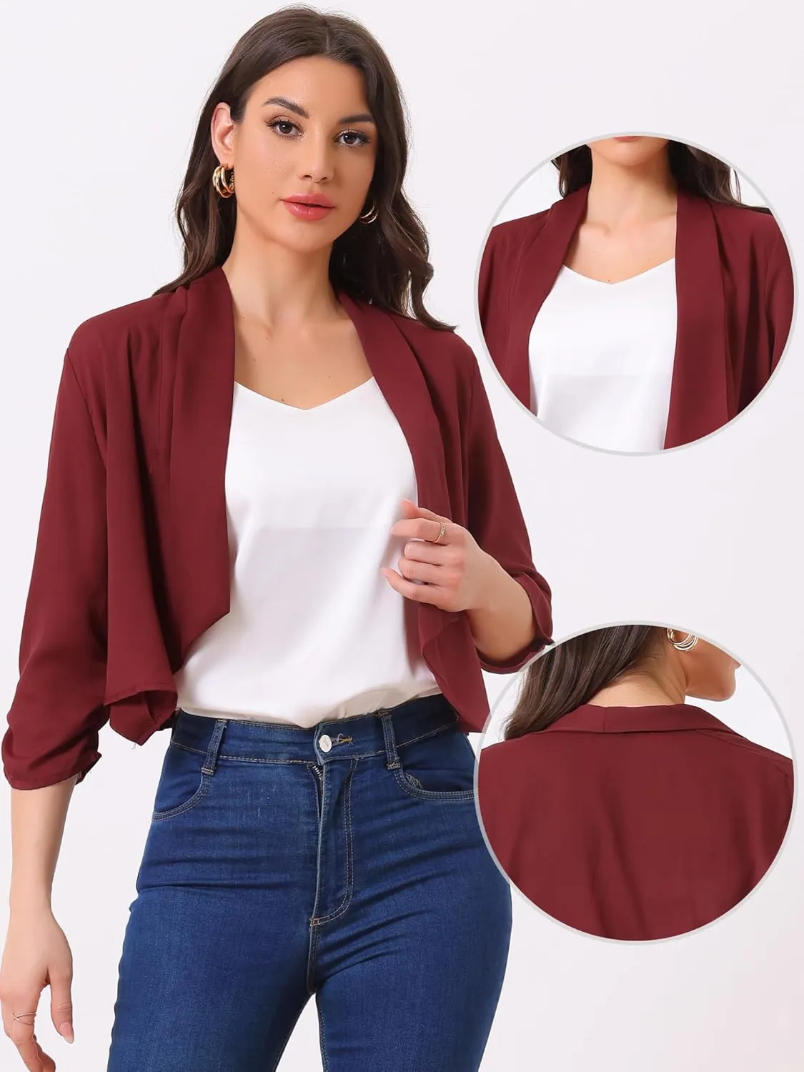 Allegra K Summer Chiffon Bolero Shrug Blazer for Women's 3/4 Ruched Sleeve Shawl Lapel Thin Lightweight Open Front Cardigans