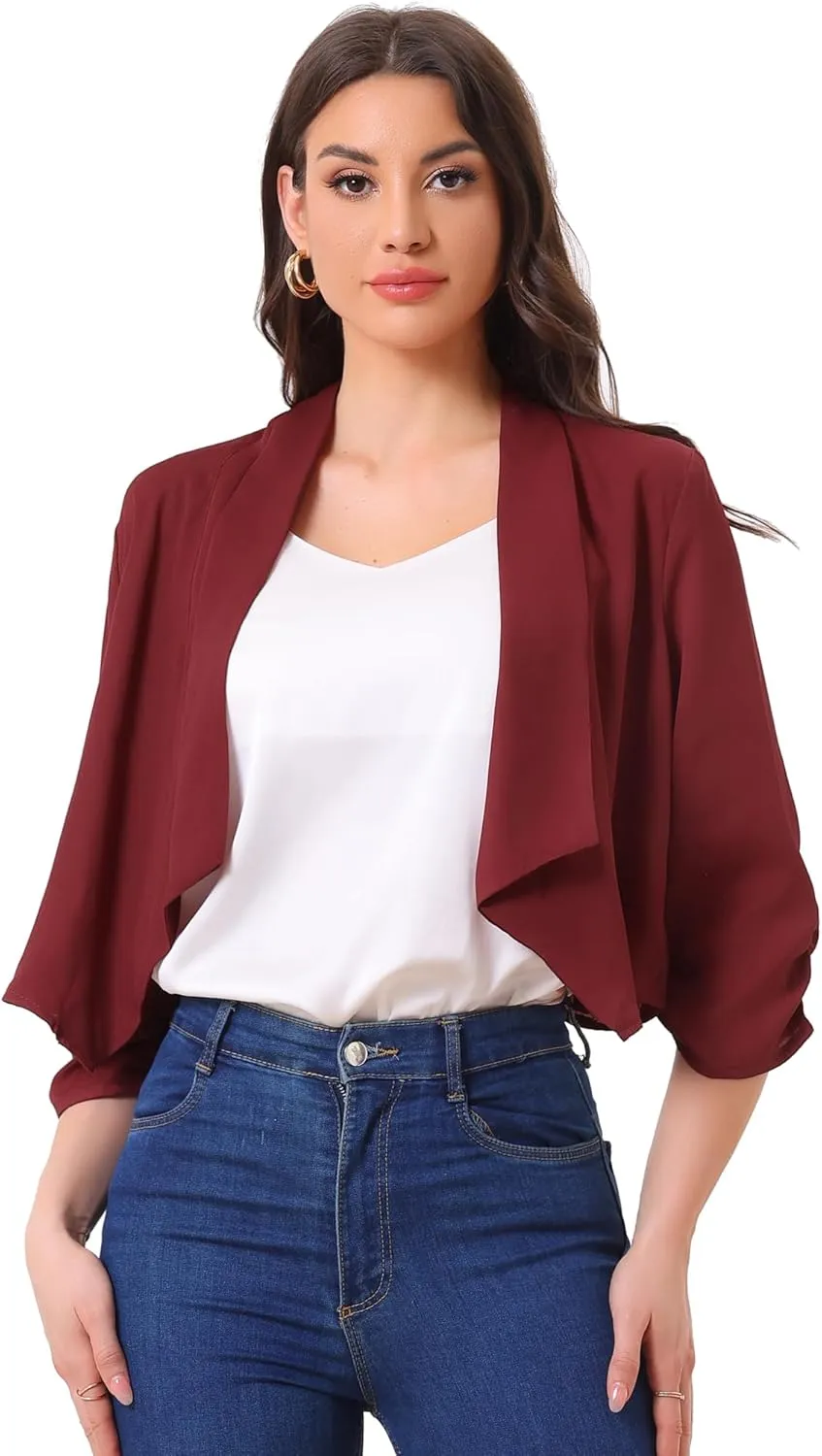 Allegra K Summer Chiffon Bolero Shrug Blazer for Women's 3/4 Ruched Sleeve Shawl Lapel Thin Lightweight Open Front Cardigans