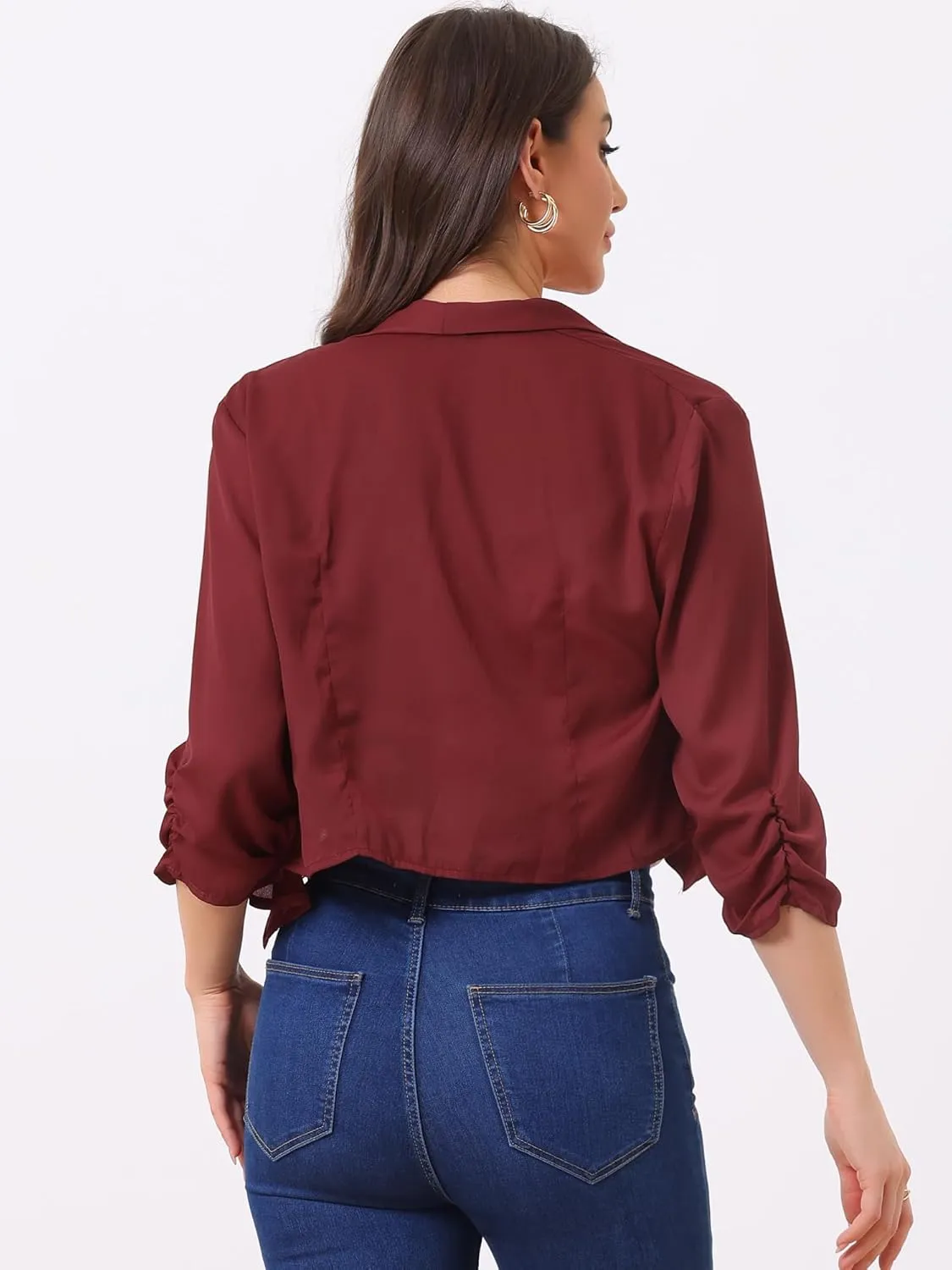Allegra K Summer Chiffon Bolero Shrug Blazer for Women's 3/4 Ruched Sleeve Shawl Lapel Thin Lightweight Open Front Cardigans