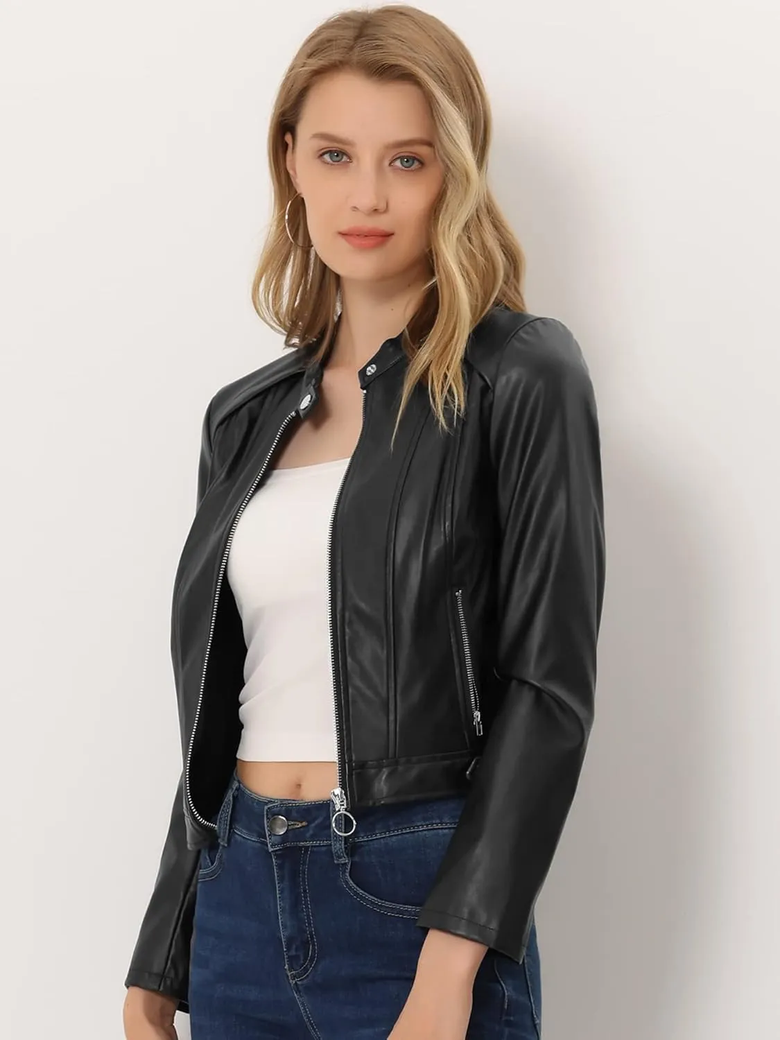 Allegra K Women's Faux Leather Jacket Stand Collar Zip Up Outwear Fitted Slim Fit Biker Coat Moto Jacket