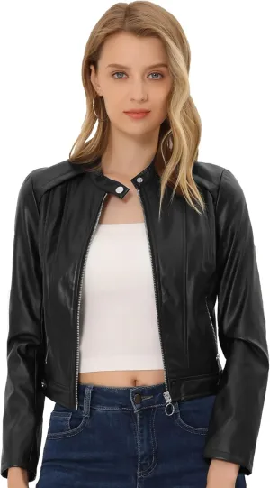Allegra K Women's Faux Leather Jacket Stand Collar Zip Up Outwear Fitted Slim Fit Biker Coat Moto Jacket