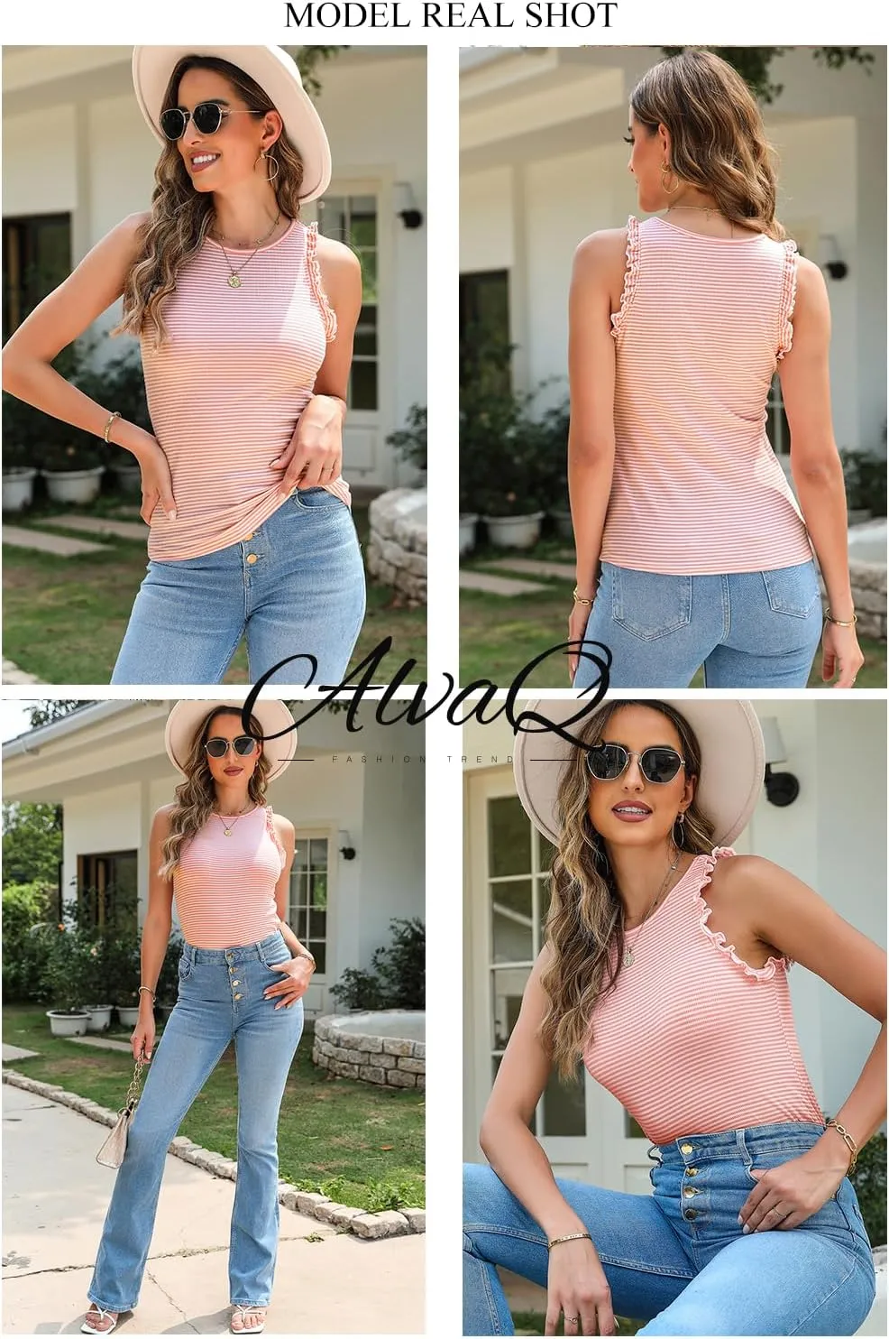 AlvaQ Womens Tank Tops 2024 Summer Casual Basic Striped Crewneck Ruffle Sleeveless Shirts