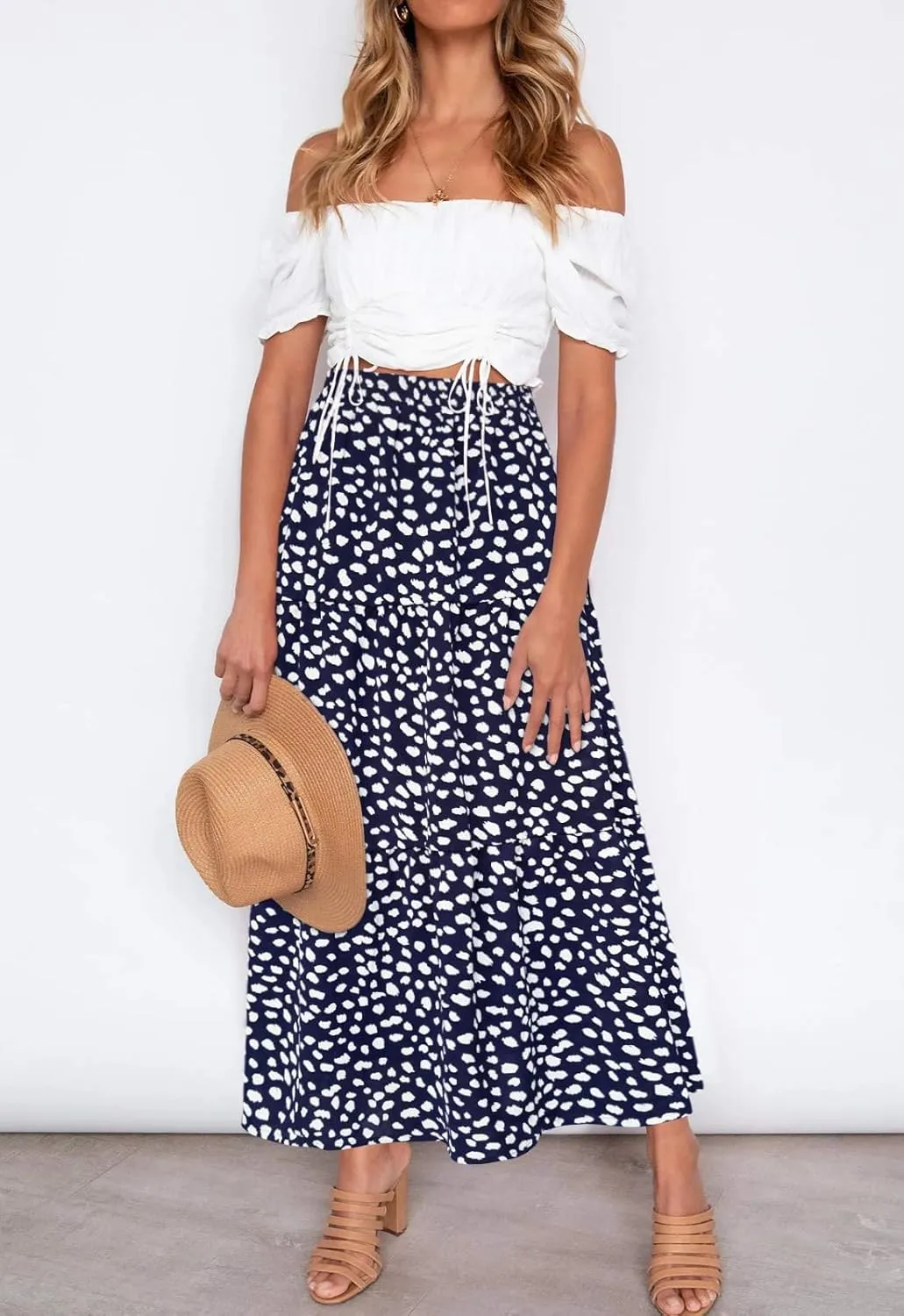 Annebouti Womens Spring Summer Boho Elastic Long Skirts High Waist Pleated A Line Tiered White or Black Maxi Skirt