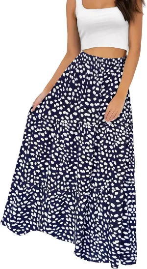 Annebouti Womens Spring Summer Boho Elastic Long Skirts High Waist Pleated A Line Tiered White or Black Maxi Skirt