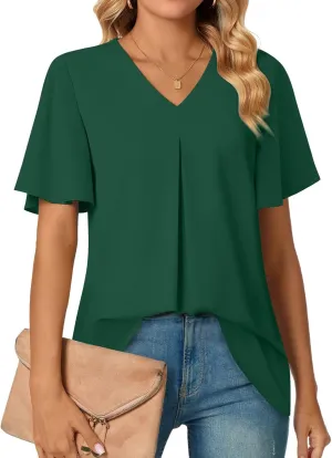 Anyally Womens Summer Dressy Chiffon Blouses V Neck 2025 Short Sleeve Tunic Tops for Leggings Casual T-Shirts