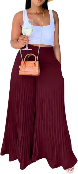 Aro Lora Womens High Waist Casual Pleated Wide Leg Long Palazzo Pants Trousers