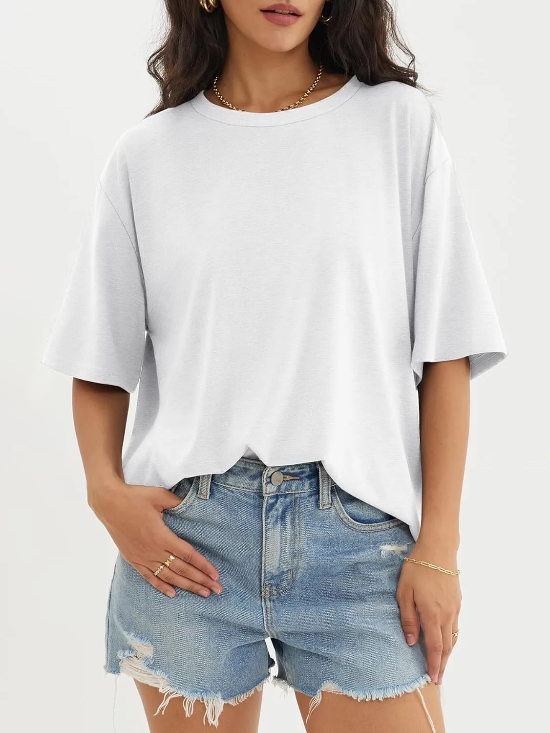 ATHMILE Womens Oversized T Shirts Loose Fit Crewneck Short Sleeve Tops Summer Casual Blouse Y2K 2025 Basic Tee Beach