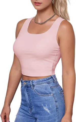 AURUZA Crop Tops for Women, Womens Double Lined Tank Tops U-Neck Basic Workout Tank Tops Woman Sleeveless Shirt Going Out Top