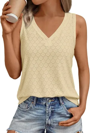 AUTOMET Tank Top for Women Eyelet Embroidery Summer Sleeveless V Neck Flowy Casual Tops Beach Vacation Fashion Boho Shirt