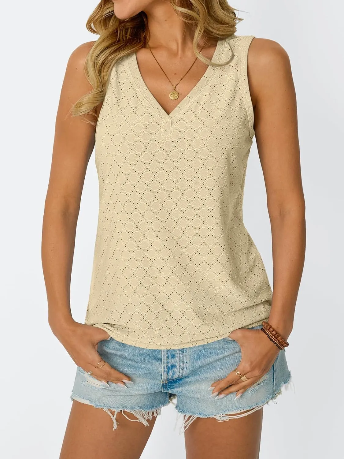 AUTOMET Tank Top for Women Eyelet Embroidery Summer Sleeveless V Neck Flowy Casual Tops Beach Vacation Fashion Boho Shirt