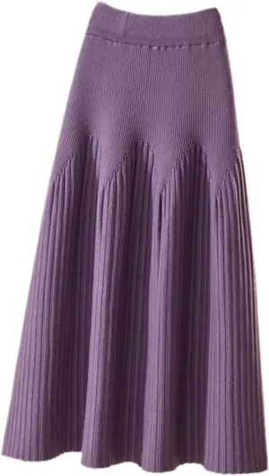 Autumn Winter Knitted Skirt Women Casual Solid All-Match A Line High Waist Pleated Midi Long Skirt