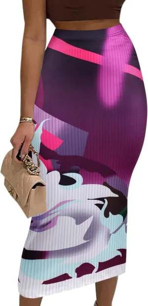 Avanova Women Bodycon Vintage Print Pencil Skirts High Waist Midi Skirt Sexy