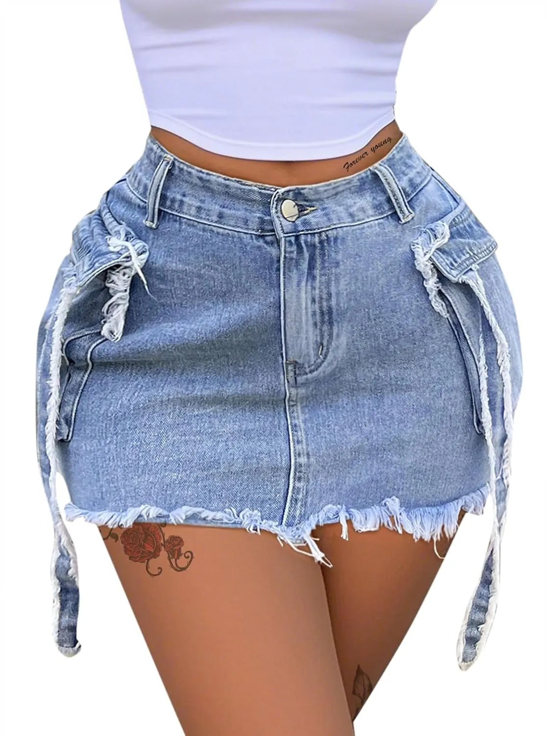 Avanova Women Denim Jean High Waisted Cargo Skirt Distressed Ripped Sexy Cute Mini Skirts