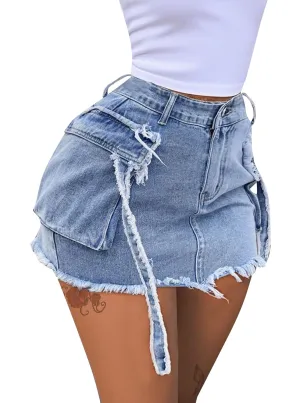 Avanova Women Denim Jean High Waisted Cargo Skirt Distressed Ripped Sexy Cute Mini Skirts