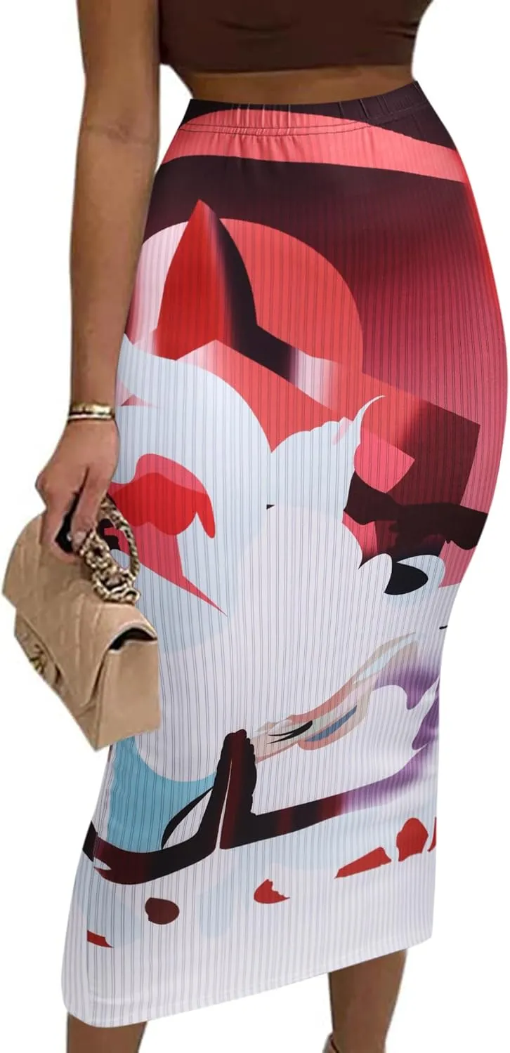 Avanova Women Vintage Print Bodycon Pencil Skirts Sexy High Waist Midi Skirts
