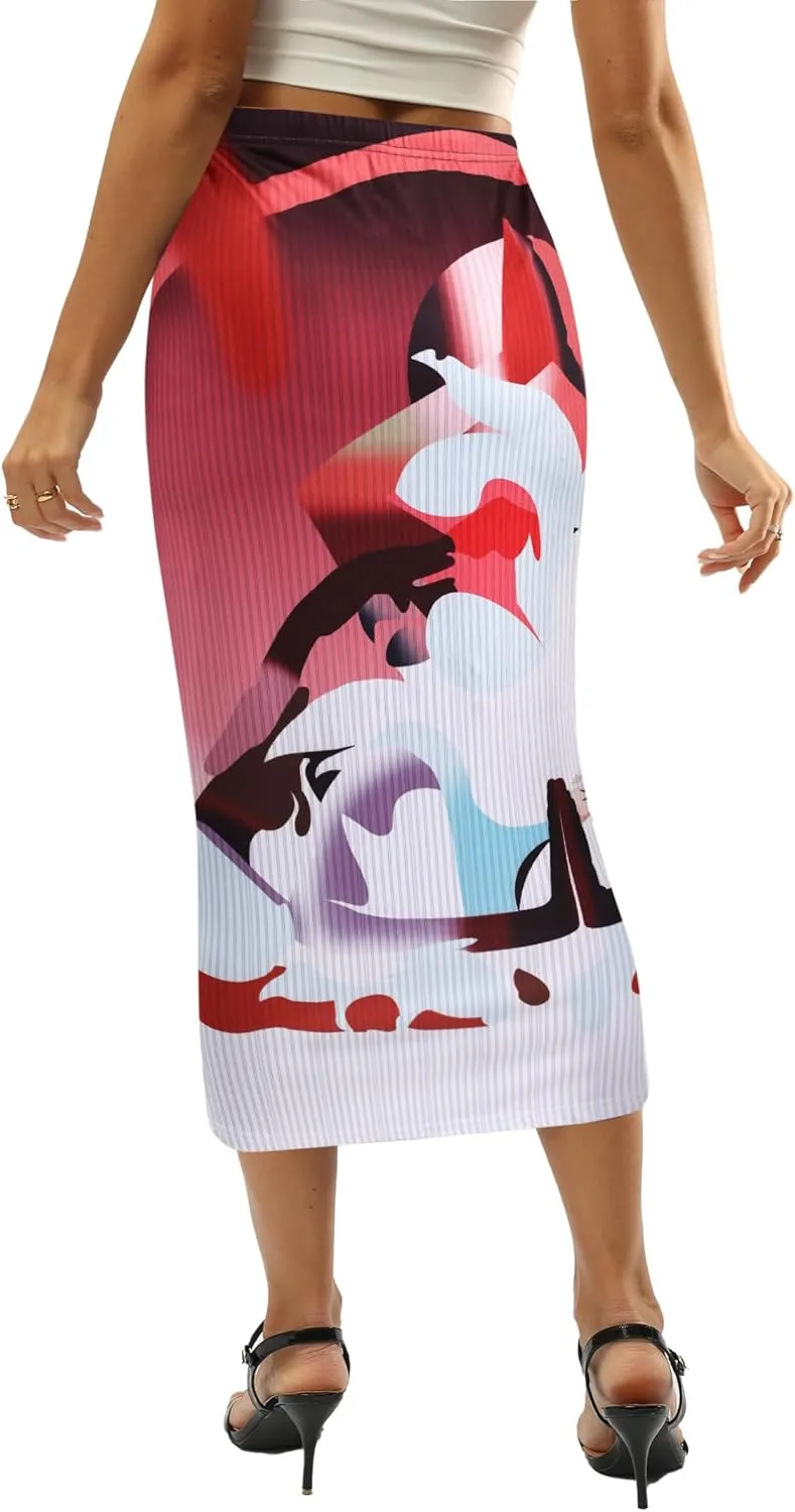 Avanova Women Vintage Print Bodycon Pencil Skirts Sexy High Waist Midi Skirts