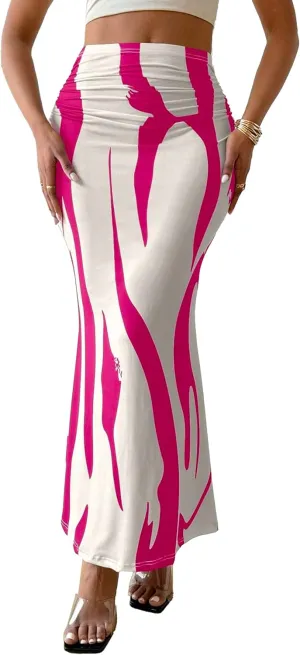 Avanova Women Zebra Graphic Ruched Maxi Skirt High Waisted Mermaid Long Skirt