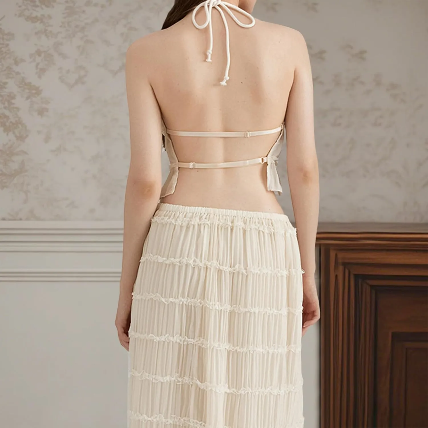 Backless Halter Tops for Women Y2k Tie Back Ruffle Cami Top Sleeveless Smocked Going Out Tank Vest